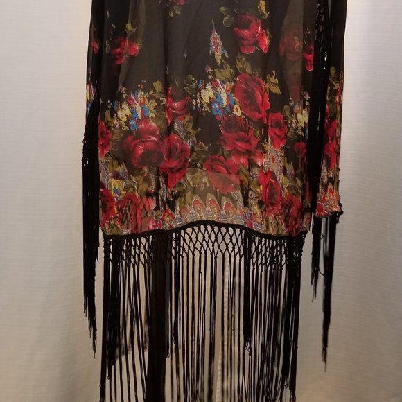 Sheer Black Floral Fringe Kimono S - Picture 5 of 9